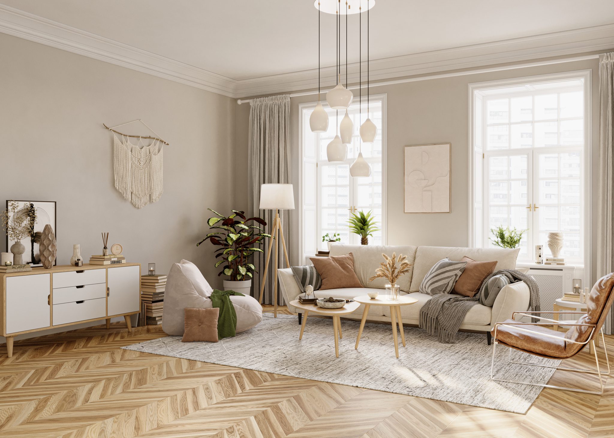Modern living room with neutral decor.