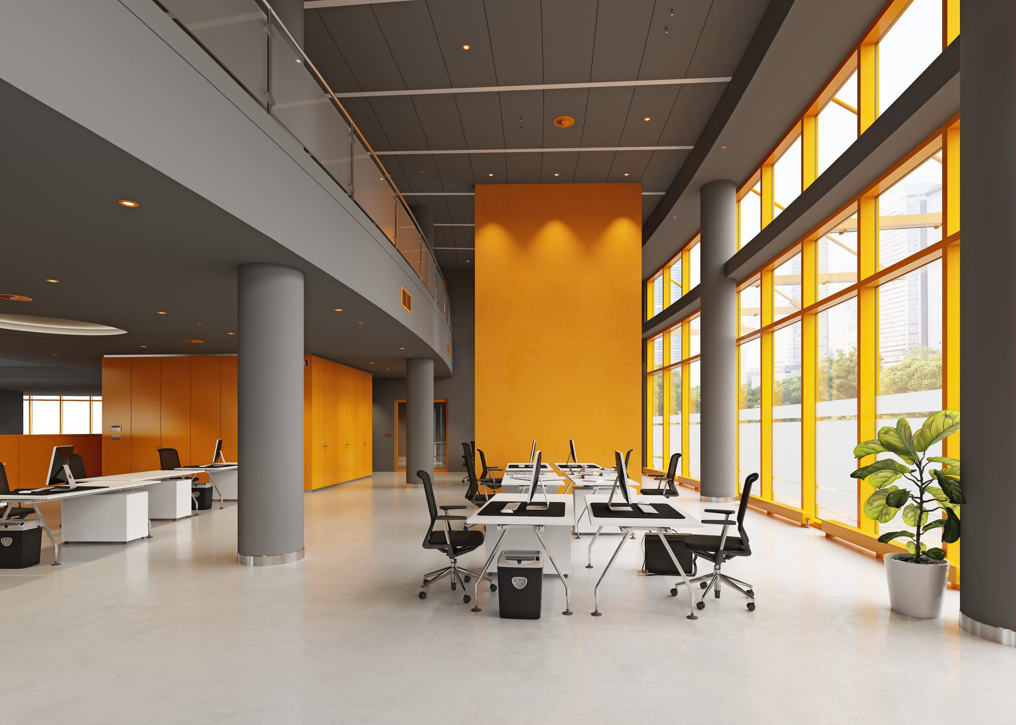 Modern office space with orange accents.