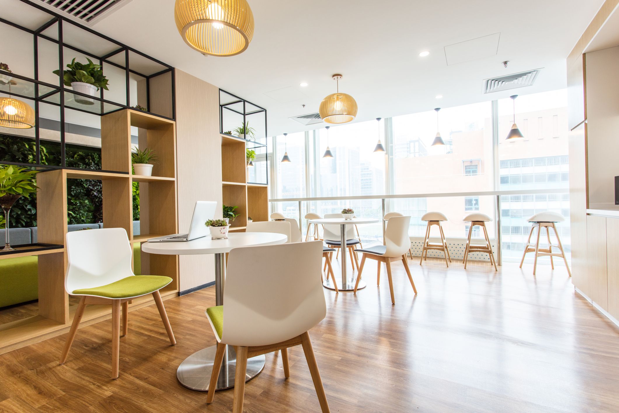 Modern office break area with natural light.