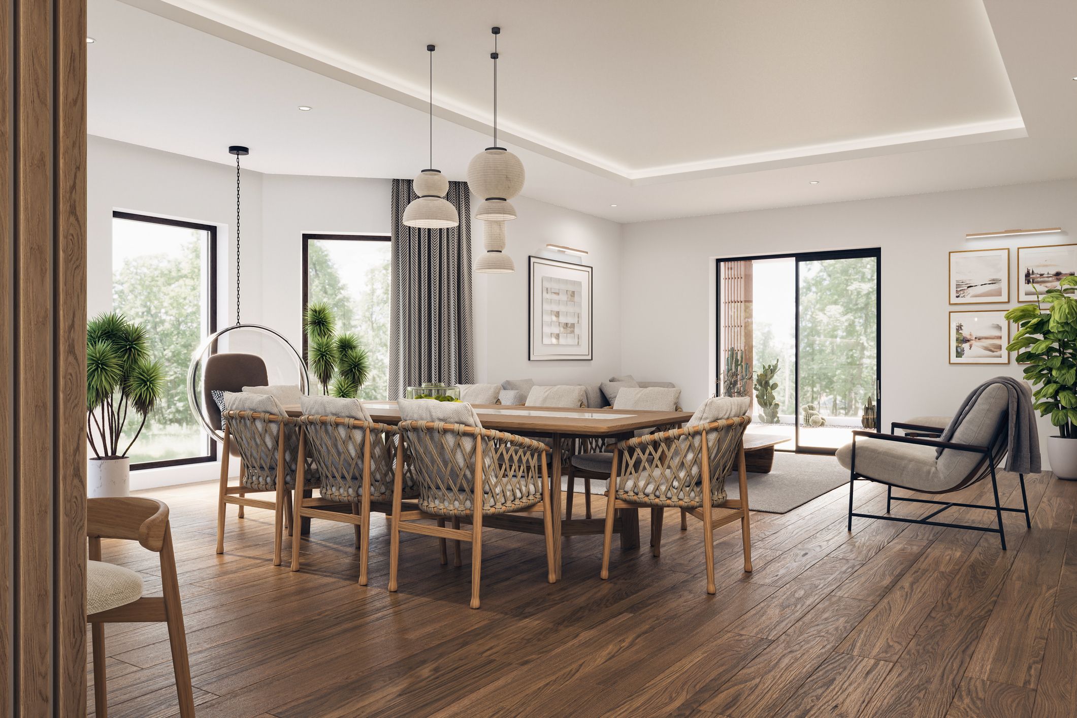 Modern dining room with wooden flooring.
