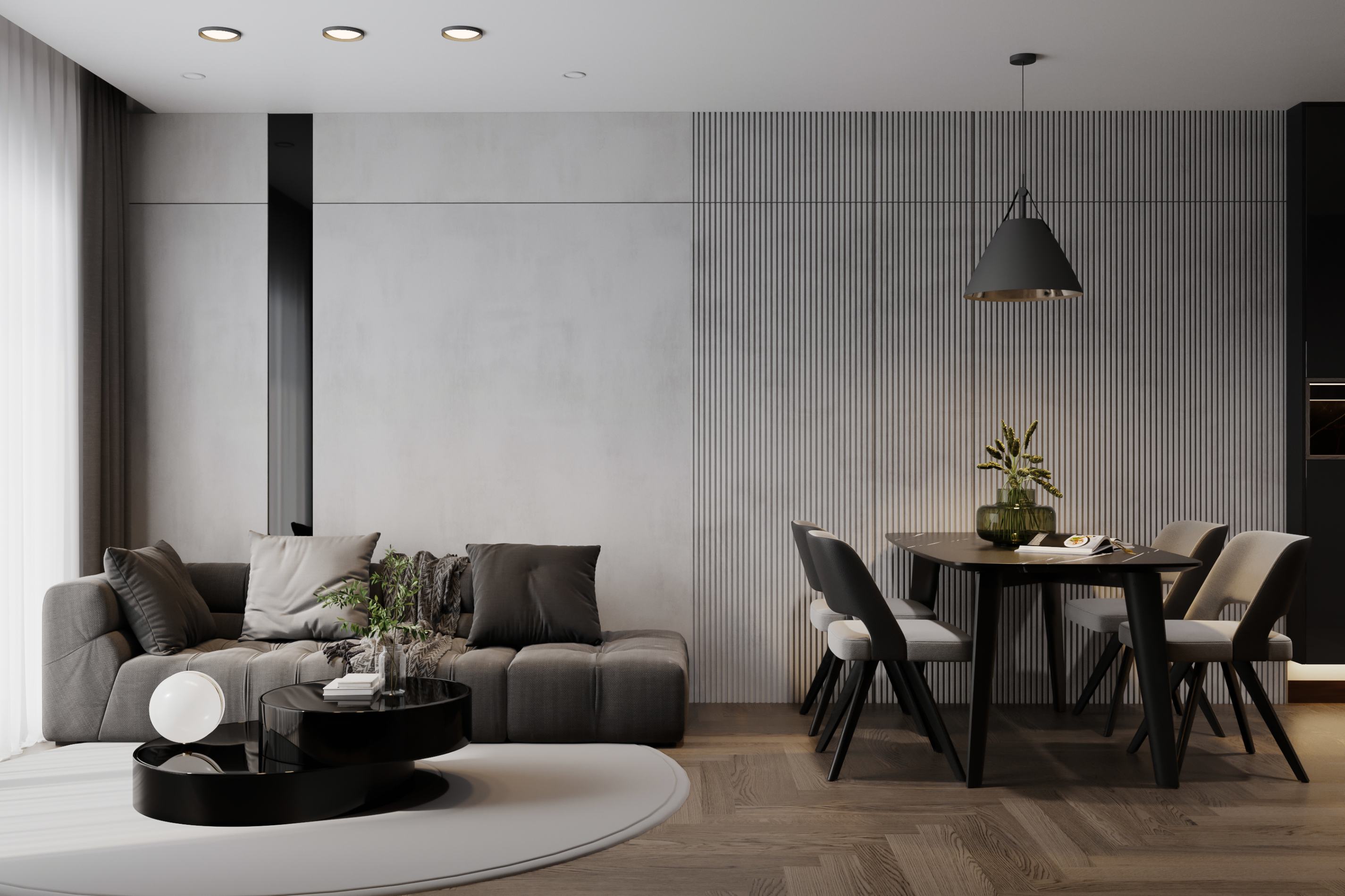 Modern living and dining room interior design.